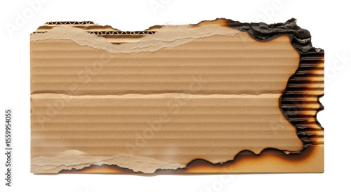 Burnt torn corrugated cardboard piece isolated on transparent background for packaging design texture overlay or grunge effect
