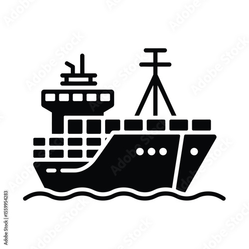 Stylized black and white icon of a cargo ship sailing on wavy water