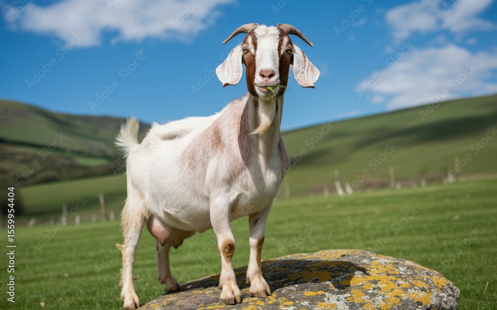 Obraz premium Majestic Goat with Horns and Beard Enjoying a Green Leaf on a Sunny Day
