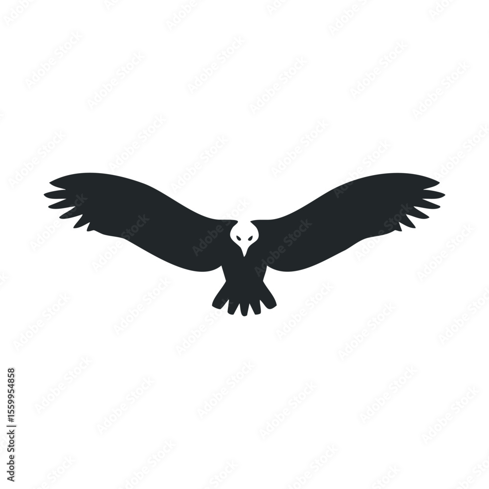 Obraz premium Silhouette of majestic eagle spread wings in flight against white background.