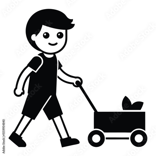 Woman cleaning with a child in a stroller, travel bag and vacuum nearby