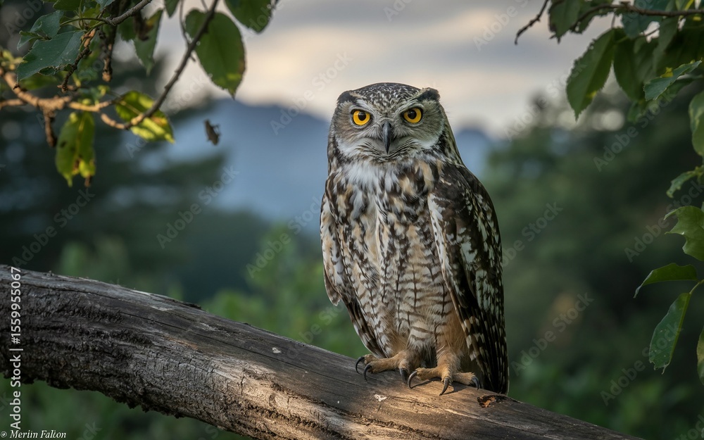 Obraz premium Majestic Spotted Eagle-Owl Perched on Branch, Intense Gaze, Golden Eyes, Forest Backdrop