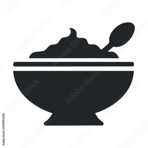 Black silhouette of a bowl with spoon and rice or mashed potatoes.