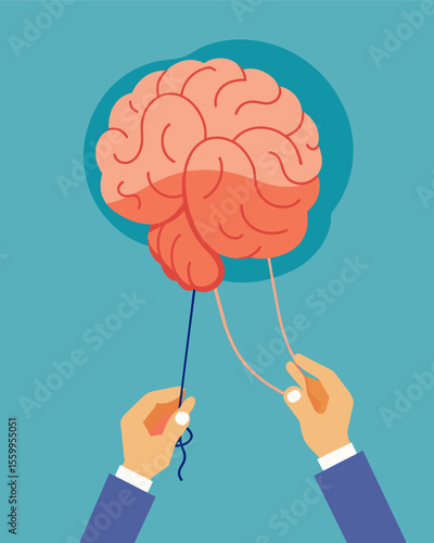 A brain being stretched and pulled like taffy guided by a pair of skilled and precise hands.. Vector illustration