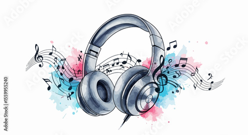 Modern Watercolor Headphones with Music Notes Splash
