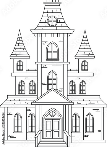 Wallpaper Mural Gothic Haunted House Line Art Vector – Spooky Symmetrical Mansion Illustration in Black Outline Style Torontodigital.ca