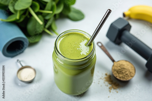 Healthy pre-workout flatlay with matcha smoothie blended with spinach, banana, protein powder in glass jar and metal straw, surrounded by workout essentials: dumbbell, measuring spoon, yoga mat, 