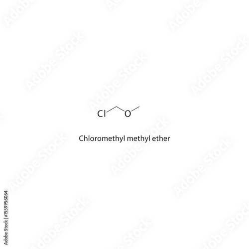 Chloromethyl methyl ether skeletal structure. Halogenated Ether compound schematic illustration. Simple diagram, chemical formula.