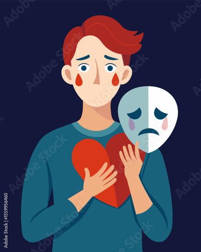 A person with a mask in hand hiding their true emotions masking the pain they carry in their heart.. Vector illustration