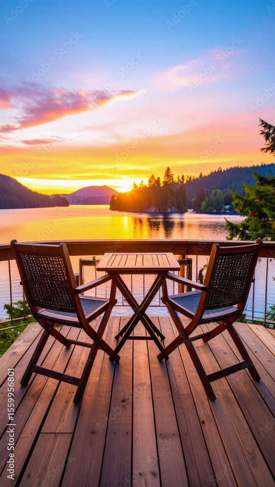 Fototapeta premium Tropical sunset over the ocean from a beachside cafe terrace, with chairs and tables set for a relaxing summer vacation view