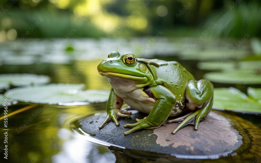 Majestic Green Frog Perched on Stone Amidst Lily Pads and Calm Water Majestic Green Frog Perched on Stone Amidst Lily Pads and Calm Water