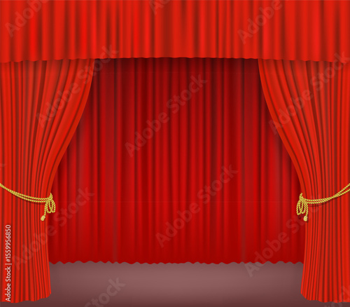 Rich red stage curtains are parted slightly, background curtain, decorative golden ropes, performance, cinema, celebration, theatrical presentation