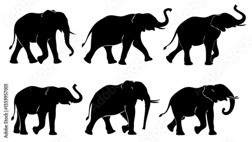 Collection of Elephant Silhouettes Isolated on White Background – Majestic Wildlife Vector Set for Nature, Safari, and Animal Graphic Design