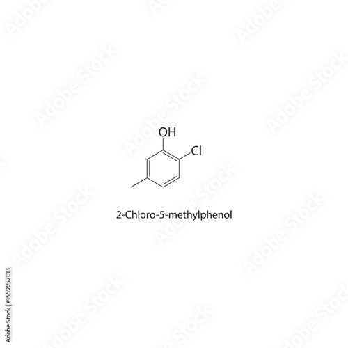 2-Chloro-5-methylphenol skeletal structure. Halogenated phenol compound schematic illustration. Simple diagram, chemical formula.