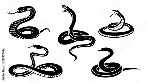 Collection of Snake Silhouettes Isolated on White Background – Coiled and Slithering Reptile Vector Set for Wildlife and Nature Illustration