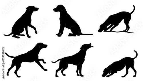 Collection of Dog Silhouettes in Various Poses Isolated on White Background – Domestic Canine Vector Set for Pet, Animal, and Graphic Design