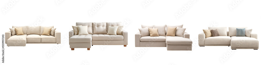 Comfortable Sectional Sofa with Pillows on White Background Comfortable Sectional Sofa with Pillows on White Background