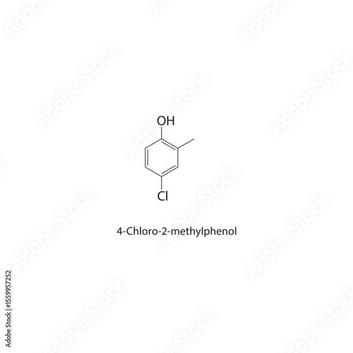 4-Chloro-2-methylphenol skeletal structure. Halogenated phenol compound schematic illustration. Simple diagram, chemical formula.