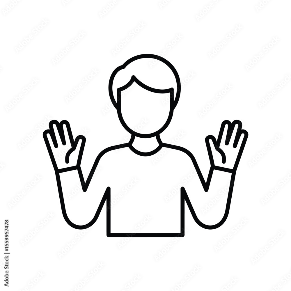 Stylized person icon with raised open hands in a greeting or welcome gesture Stylized person icon with raised open hands in a greeting or welcome gesture