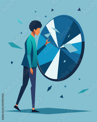 A person inspecting the shards of a broken mirror their reflection revealing a facade of confidence while the pieces on the ground reflect their shattered selfesteem.. Vector illustration