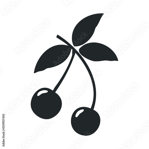 Simple black and white cherry icon with leaves.