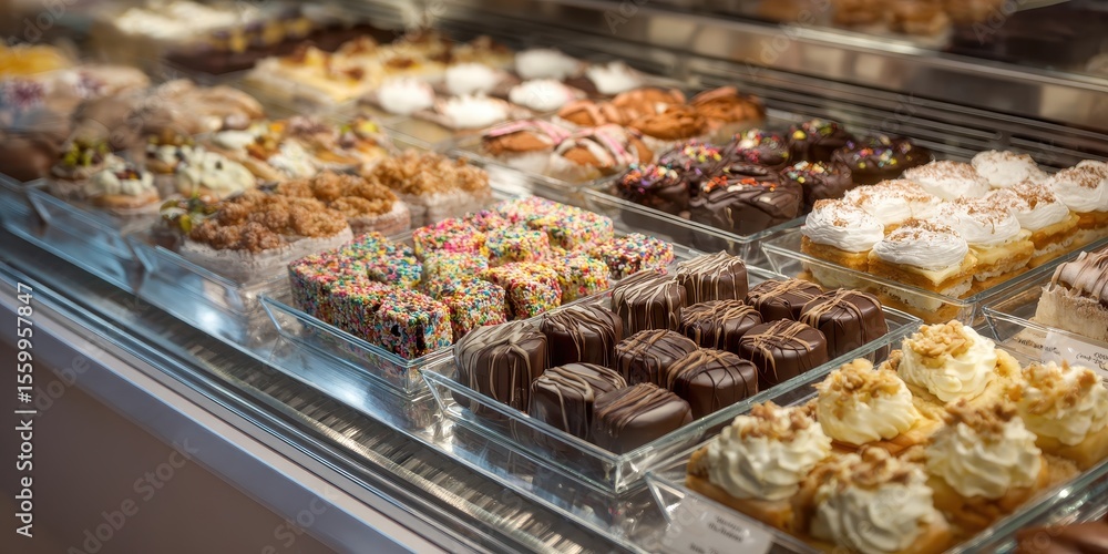 Dessert Case Display with Pastry, Sweet Treats, and Chocolate Delights Dessert Case Display with Pastry, Sweet Treats, and Chocolate Delights