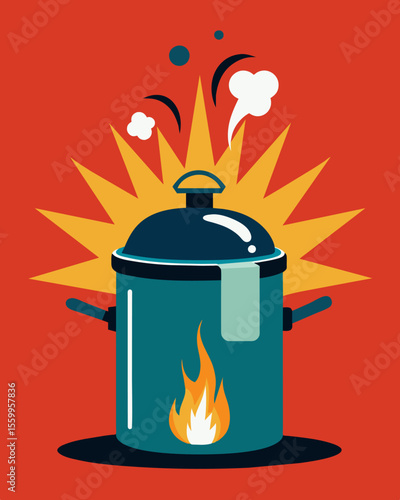 A graphic depiction of a pressure cooker about to burst symbolizing the overwhelming stress and pressure building up in the head.. Vector illustration