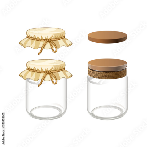 Glass Jars with Wooden and Fabric Covers vector