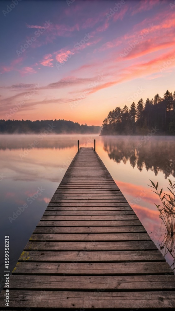 Fototapeta premium Wooden pier stretching into a tranquil lake reflecting a colorful sunrise sky with trees in the background