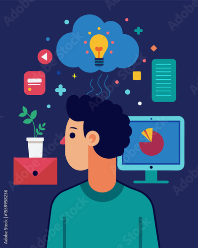 A person staring blankly at a screen their mind numb and by technology and media.. Vector illustration