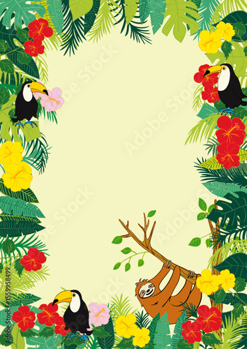 ナマケモノとトゥーカンと南国植物のフレーム1 Sloth, Toucan and and Tropical Leaves Frame