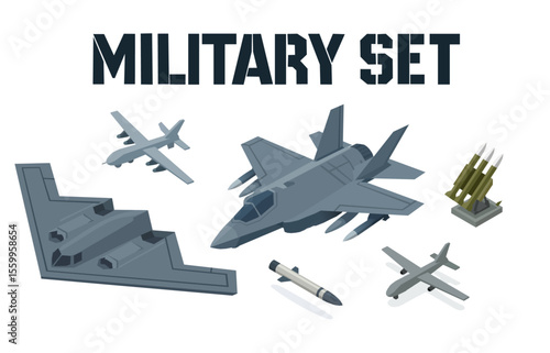 Vector illustration of a military set featuring a B2 bomber, fighter jets, drones, missiles, and an air defense system