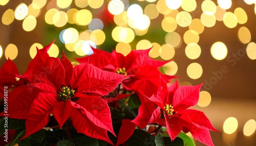 Red poinsettia flowers with Christmas lights.