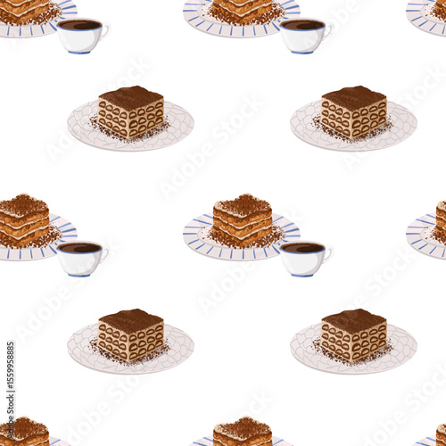 Seamless pattern with classic Italian tiramisu slice and cup of coffee. Hand drawn vector dessert illustration for bakery branding, coffee shop decor, packaging, sweet product visuals, fabric design