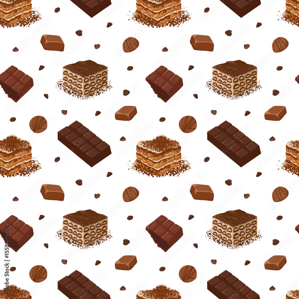 Seamless pattern with tiramisu slices, chocolate bars and candy. Hand drawn vector sweets background for dessert packaging, textile print, wrapping design, menu visual and cafe branding Seamless pattern with tiramisu slices, chocolate bars and candy. Hand drawn vector sweets background for dessert packaging, textile print, wrapping design, menu visual and cafe branding