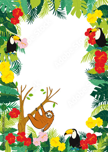 ナマケモノとトゥーカンと南国植物のフレーム3 Sloth, Toucan and and Tropical Leaves Frame