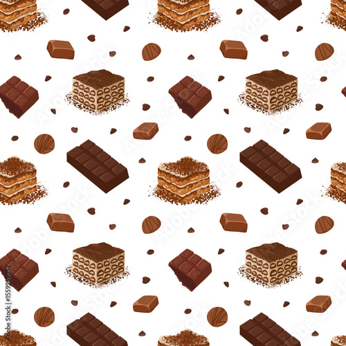 Seamless pattern with tiramisu slices, chocolate bars and candy. Hand drawn vector sweets background for dessert packaging, textile print, wrapping design, menu visual and cafe branding