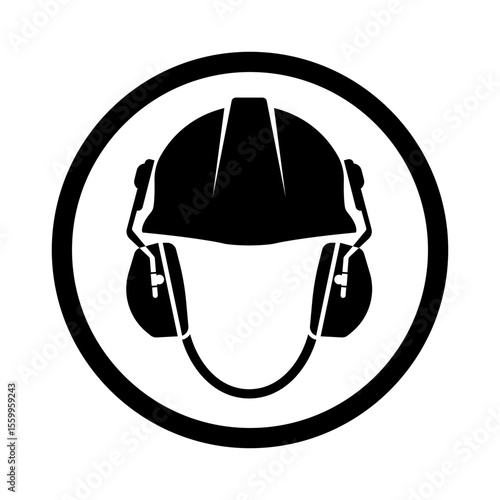 mandatory safety signs icon_wear safety helmet and ear muff with frame round shapes