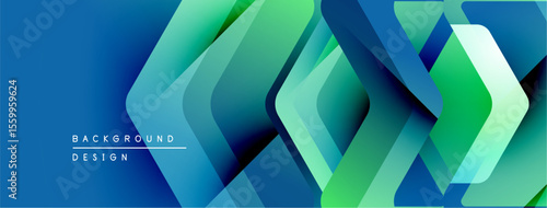 Abstract geometric shapes overlap, creating vibrant blue, green gradients. Modern design suggests technology, innovation, depth.