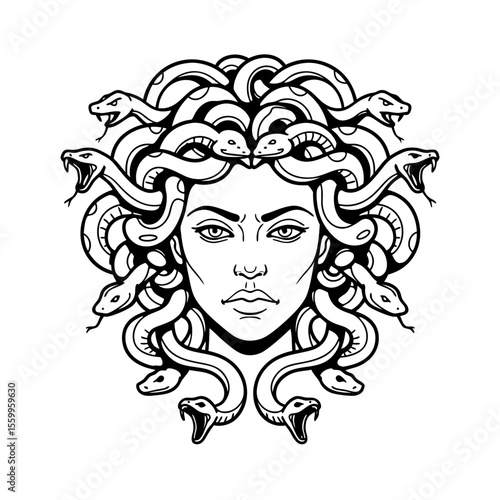 Striking Medusa head illustration, depicting the mythical Gorgon with her iconic hair of snakes in a detailed, vector format.