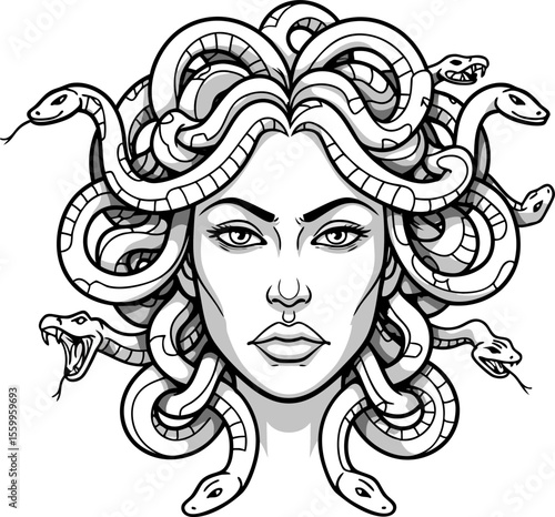 Medusa illustration showcases a striking mythological woman with serpentine hair, creating a unique and powerful portrait.