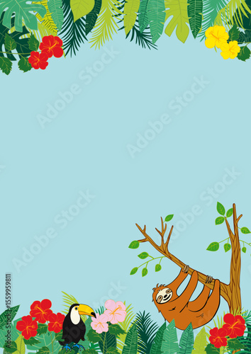 ナマケモノとトゥーカンと南国植物のフレーム6 Sloth, Toucan and and Tropical Leaves Frame