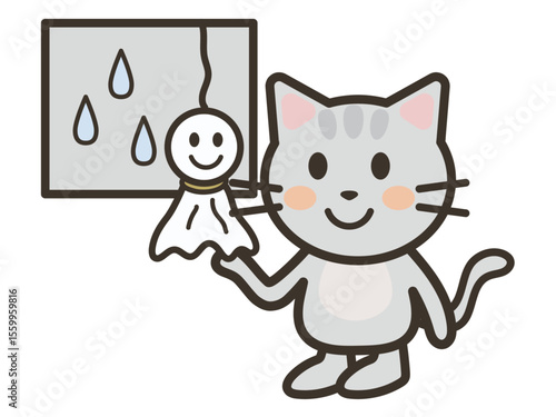 てるてる坊主とかわいい猫ちゃんのイラスト