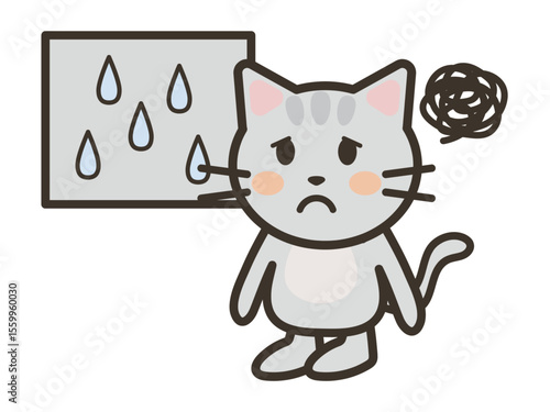 雨が降ってきて憂鬱な表情のかわいい猫ちゃんのイラスト
