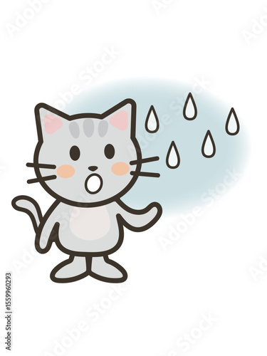 ポツポツと小雨が降ってきたので空を見上げるかわいい猫ちゃんのイラスト