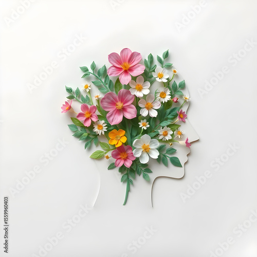 a side profile of a human head silhouette filled with colorful flowers and leaves on a pink background.