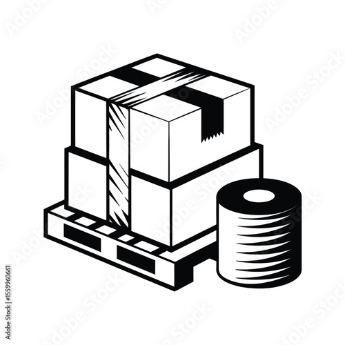 Stack of cardboard boxes and a roll of material on a wooden pallet