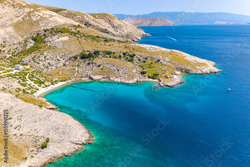 Fototapeta Naklejka Na Ścianę i Meble -  Scenic aerial view of Stara Baška coastline on Krk island, Croatia