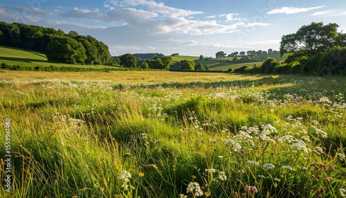 Organic field filled with native grasses and wild blooms, bordered by thriving hedgerows and untouched terrain