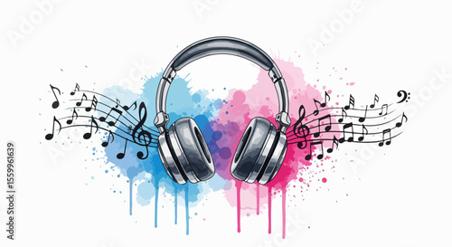 Modern Watercolor Headphones with Music Notes Splash